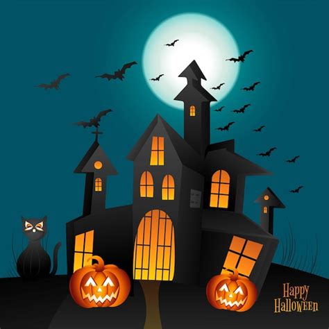 Free Vector Halloween Pumpkins Spooky Haunted House With Moonlight