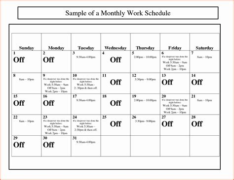Free Printable Work Schedules Monthly Calendar Template Gambaran