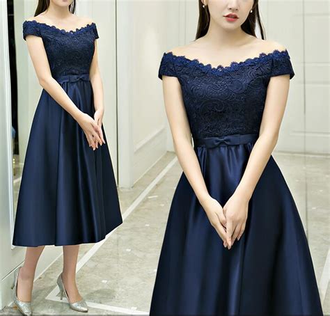Beautiful Navy Blue Satin Tea Length Elegant Simple Bridesmaid Dress