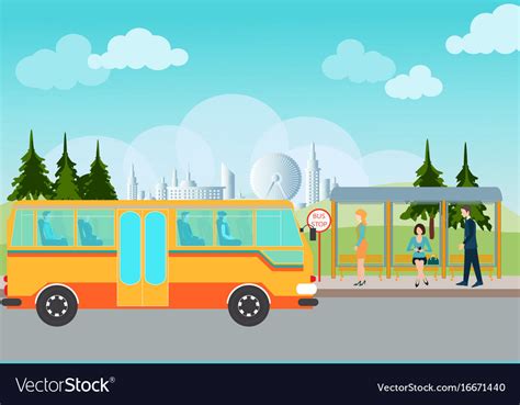 People Waiting For A Bus At The Bus Stop Vector Image