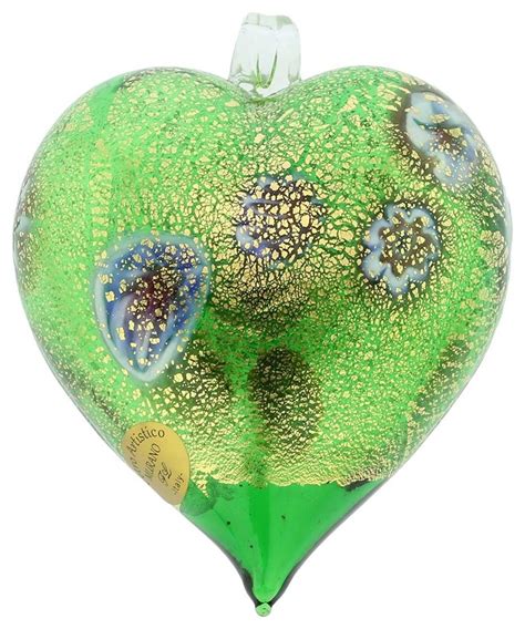 Glassofvenice Murano Glass Millefiori Heart Christmas Ornament Green Gold Contemporary