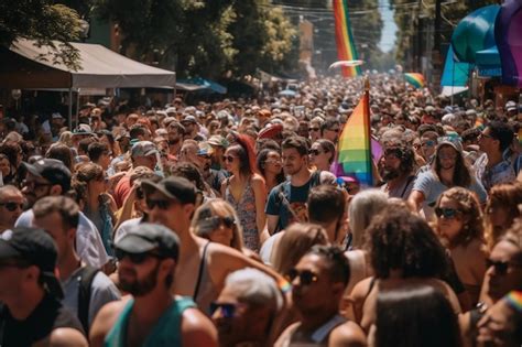 Una Multitud De Personas En Un Desfile Con Una Bandera Del Arco Iris En El Fondo Foto Premium