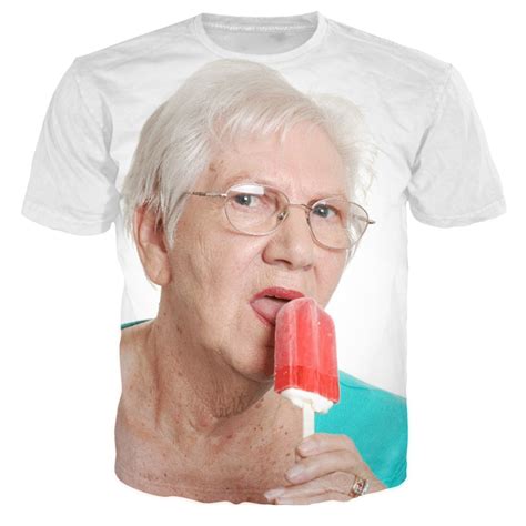 Senior Lady Licking A Red Popsicle 3d Print T Shirt Kawaii Grandmother