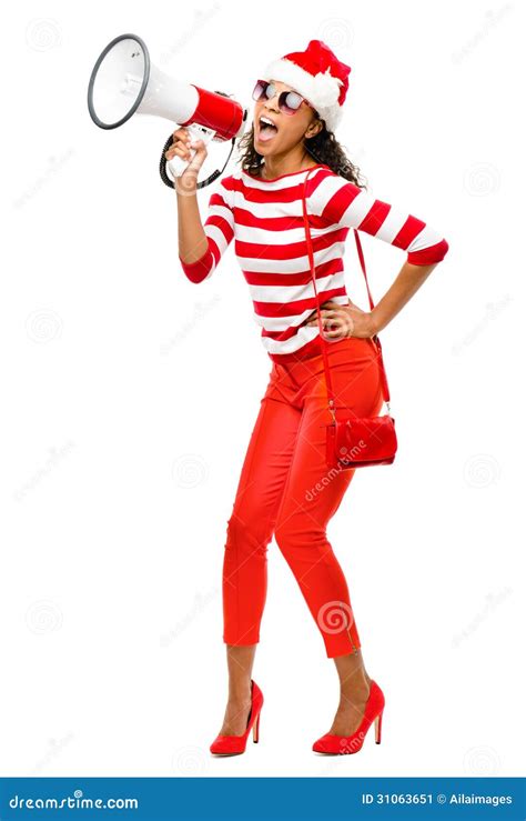 Fashion Model In Red Wearing Christmas Hat Stock Image Image Of