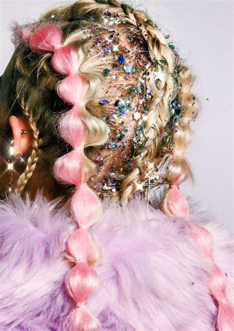 Pink Glitter Hair Bubble Braids Glitter Festival Hair Festival Hair Trends Festival Hair