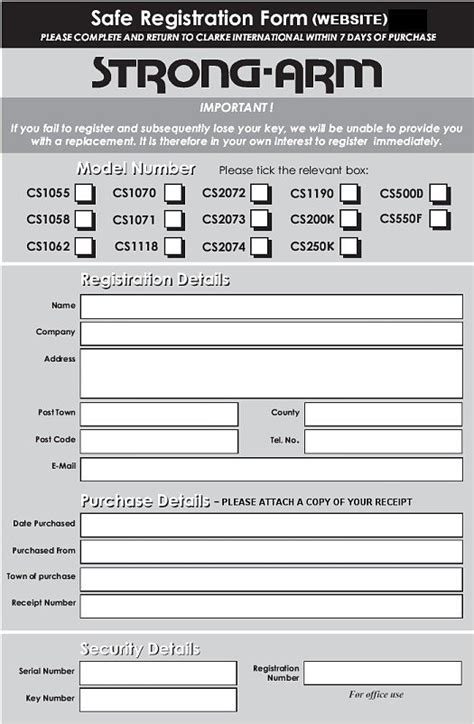 Print A Clarke Safe Product Registration Form