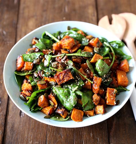 Maple Roasted Kumara And Spinach Salad With Fresh Ginger And Seeds