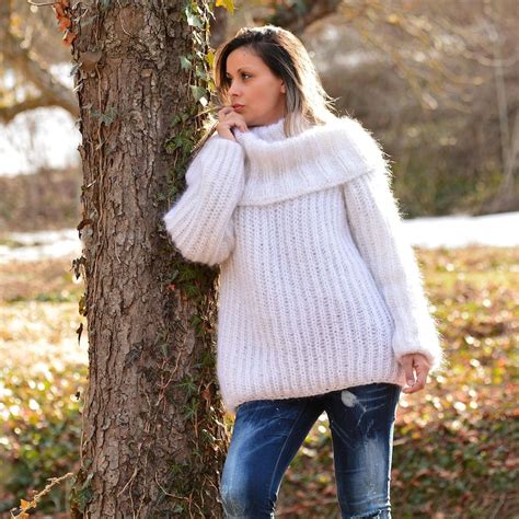Hand Knitted Mohair Sweater White Cowl Neck Fuzzy Jumper Turtleneck