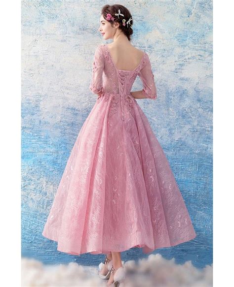 Romantic Sleeves Rose Pink Lace Beading Prom Dress In Madi Length