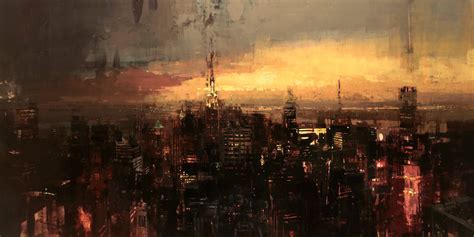 Empire 42 X 84 Inches Oil On Panel Jeremy Mann Cityscape Painting