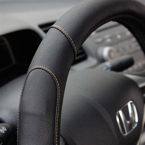Synthetic Leather Steering Wheel Cover Black W Beige Stitching Sport