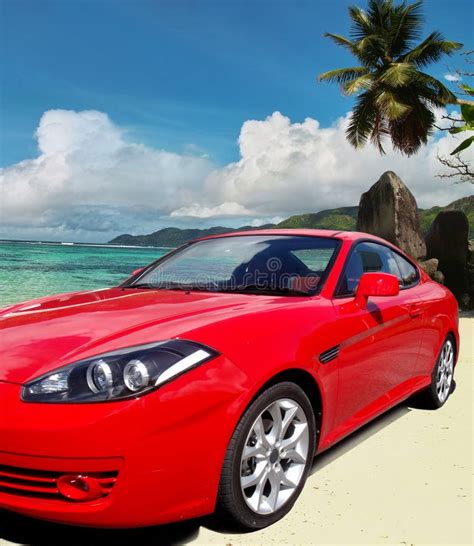 Red Luxury Car On Paradise Beach Stock Photo Image Of Rocks Leisure