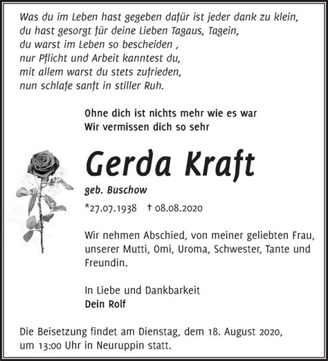 Traueranzeigen Von Gerda Kraft Märkische Onlinezeitung Trauerportal
