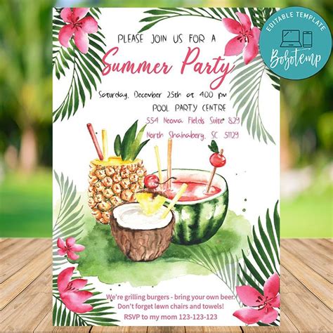 Editable Summer Party Invitation Instant Download Bobotemp