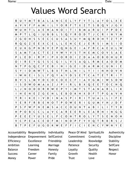 Word Search Values Printable