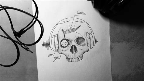 Skull With Headphone Headphones Tattoo Headphones Art Speaker Drawing