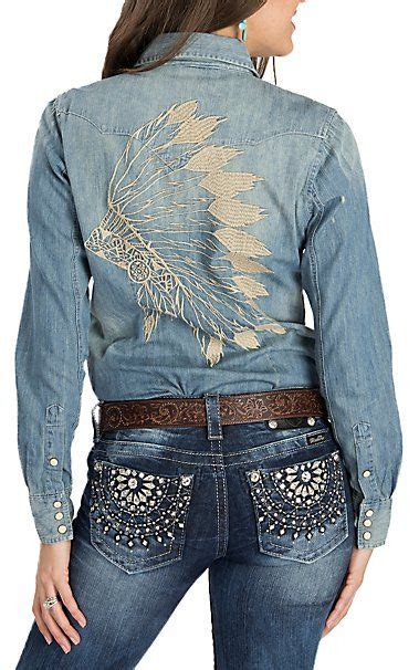 Rock And Roll Cowgirl Denim W Headdress Embroidery Ls Western Snap Shirt Cavenders Cowgirl