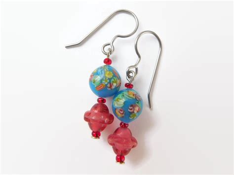 Blue Red Retro Earrings With Vintage Glass Beads Colorful Etsy