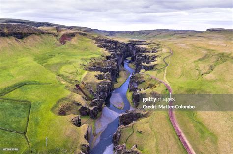 Aerial Drone View Of Fjadrargljufur Canyon Iceland High Res Stock Photo