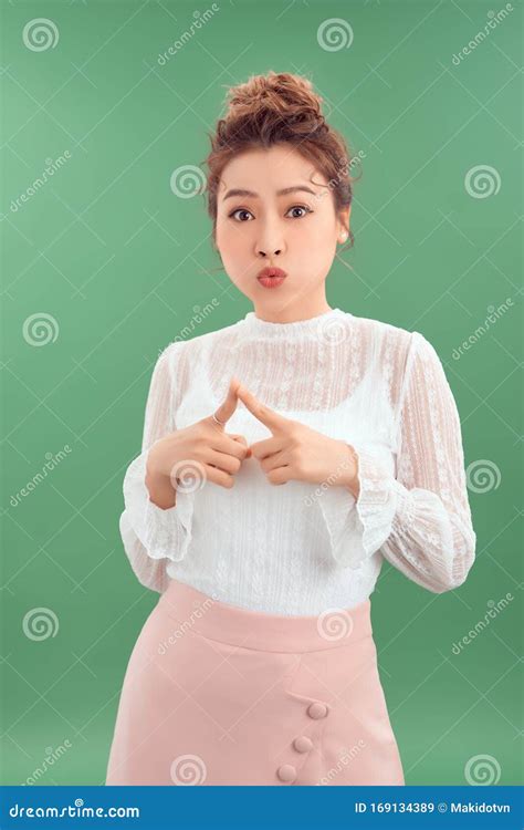Lovely Asian Girl Posing Isolated Over Green Background Stock Image Image Of Face Casual