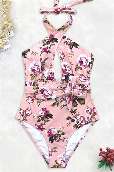 Pink Floral Belted One Piece Swimsuit