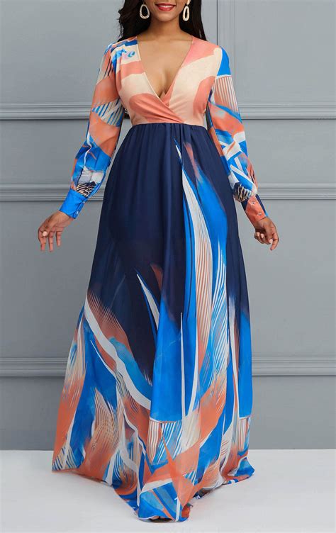 Color Block Chiffon Print Womens Maxi Dress African Maxi Dresses