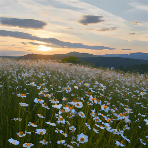 Beautiful Sunny Camomile Meadow In Mountains At Sunset · Creative Fabrica