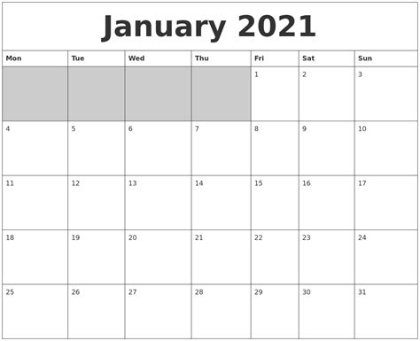 January 2021 Blank Printable Calendar