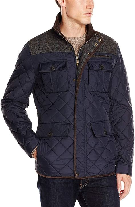 Vince Camuto Mens Quilted Jacket With Plaid Yoke Navy Grey X Large