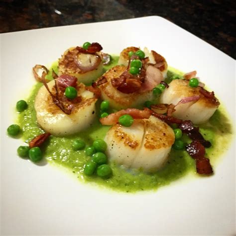 Pan Seared Scallops With A Mint Pea Purée Topped With Bacon R