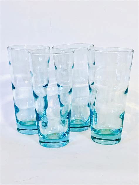 Tall 60s Aqua Blue Glasses Set Of 4 Four Libby Glasses 1960s Glass Barware Big Mid Century