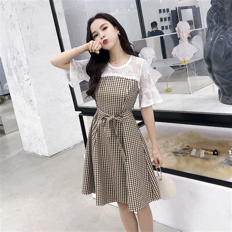 Summer Hollow Out Chic Plaid Midi Dresses 2018 Korean Elegant Women Club Sexy Bodycon Lace