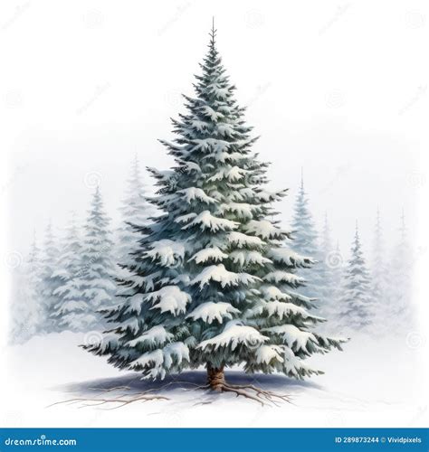 Illustration Of A Snow Covered Christmas Tree In A Snowy White Forest