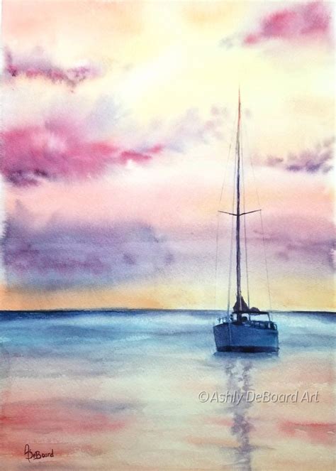 Watercolor Sunset Sail Boat Ashly Deboard Art Watercolor Sunset