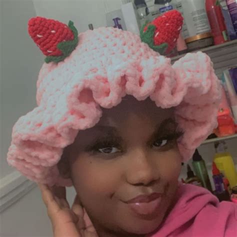 Crochet Bucket Hat Fluffy Crochet Hat Strawberry Hat Strawberry Ears