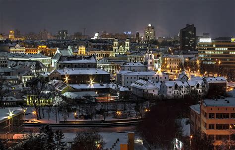 Wallpaper Winter Night Lights River Old Town Belarus Minsk