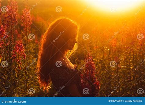 Beautiful Girl On Field Sun Backlight Sunrise Stock Image Image Of