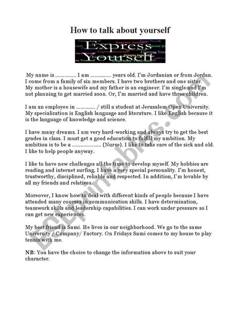How To Talk About Yourself Esl Worksheet By Kingofmarka