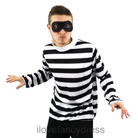 Burglar Costume Mens Robber Fancy Dress Stripe Top And Eyemask Thief Convict Ebay