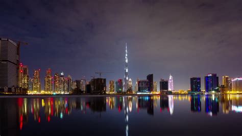 Dubai City Night Illumination Apartment Buildings Up View 4k Time Lapse