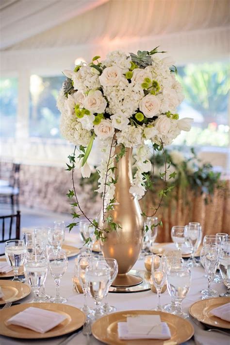 Gold Vase White Floral Wedding Reception Centerpiece Centros De Mesa