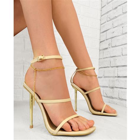 Womens Gold Chain Strappy High Heels Stiletto Sandals Party Sexy ...