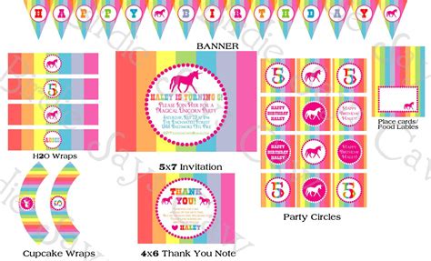 Rainbow Unicorn Birthday Party Pack Printable Custom Diy 3700 Via