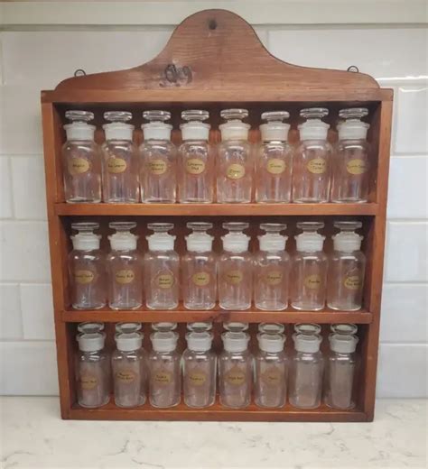 Vintage Wood Spice Rack With Colorful Glass Door 8 Glass Jars 4500 Picclick