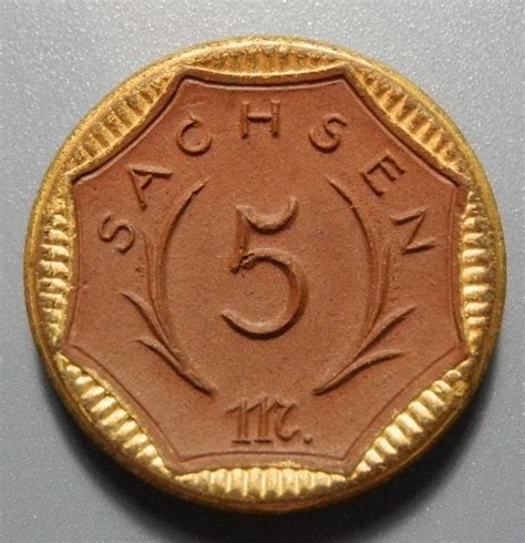 German Gold Gilded Brown Porcelain Coin Saxony 5 Mark European Coins