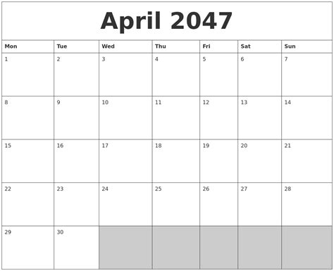 April 2047 Blank Printable Calendar