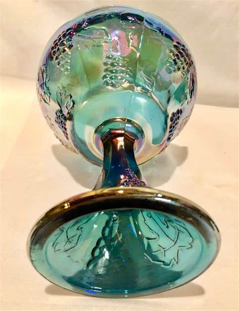 Antique Iridescent Blue Carnival Glass Grapevine Pattern Pedestal Candy