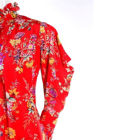 Vintage Emanuel Ungaro Red Floral Silk Dress W Avant Garde Sleeves And