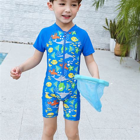 New 1 14y Boy Swimwear Baby Short Sleeve One Piece Swimsuit Blue Fish