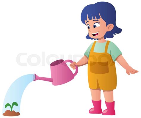 Girl Watering Plant On White Stock Vector Colourbox